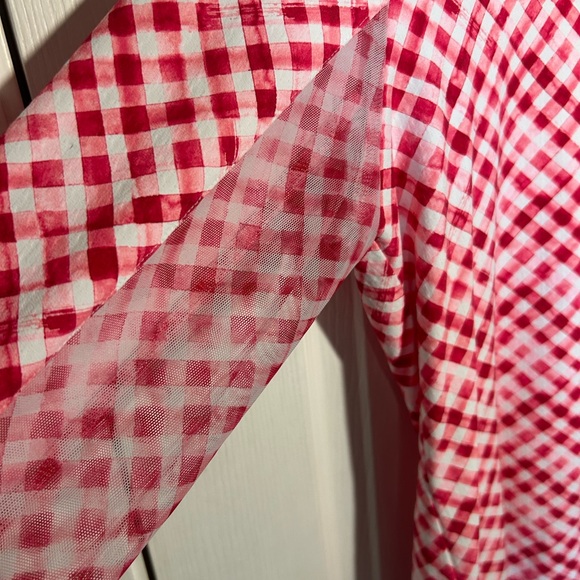 IBKUL Women's Large Gingham Check Print Long Sleeve Mock Neck Red White 1/4 Zip - Picture 5 of 10